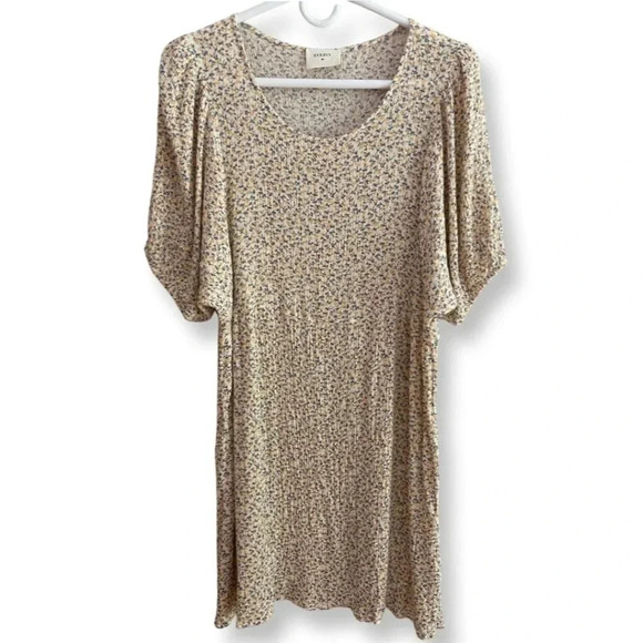 Everly Large Yellow & Gray Floral Print Crinkled Stretchy Tunic Top Mini Dress - Picture 1 of 10